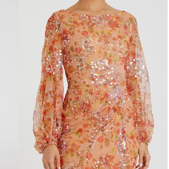 MAC DUGGAL 93547 FLORAL SEQUIND PUFF SLEEVE THIGH SLIT APRICOT GOWN sz 8 - Picture 2 of 5